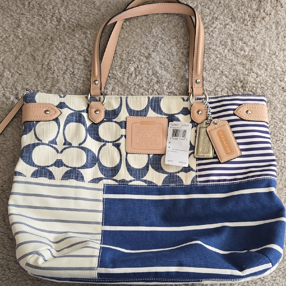 Coach Blue and Cream Striped Tote